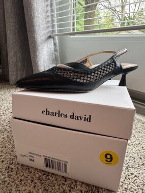 Charles David Black Mesh Slingback Kitten Heel